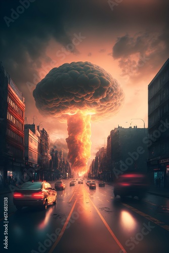 Huge Nuclear Bomb being dropped on London people running cars on fire post apocolyptic world neon ray tracing rain fire lightning exposions volumetrics ambient occlusion screen space reflections  photo
