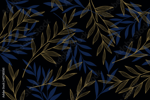 Elegant pattern with blue and golden branches with leaves on black background