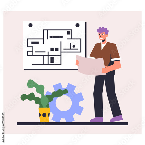 Adult professional male holding plan and working in architectural office. Planning and building house. House design and layout concept. Flat vector illustration in purple colors
