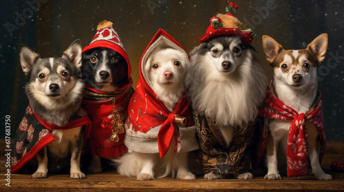 Dog in Christmas costumes on a festive background. Happy Christmas background. Cute Dog on a Christmas background in a cute costume. AI Generative. © EltaMax99