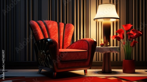 Art deco armchair with red pillow  vase  and floor lamp  Generative AI.