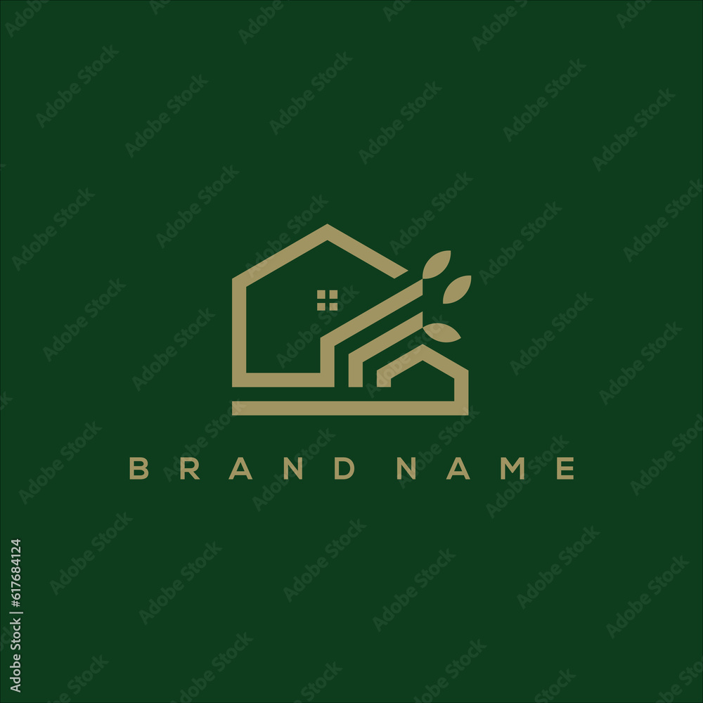 Line art house villa and leaf logo vector Line art house villa and leaf logo vector
