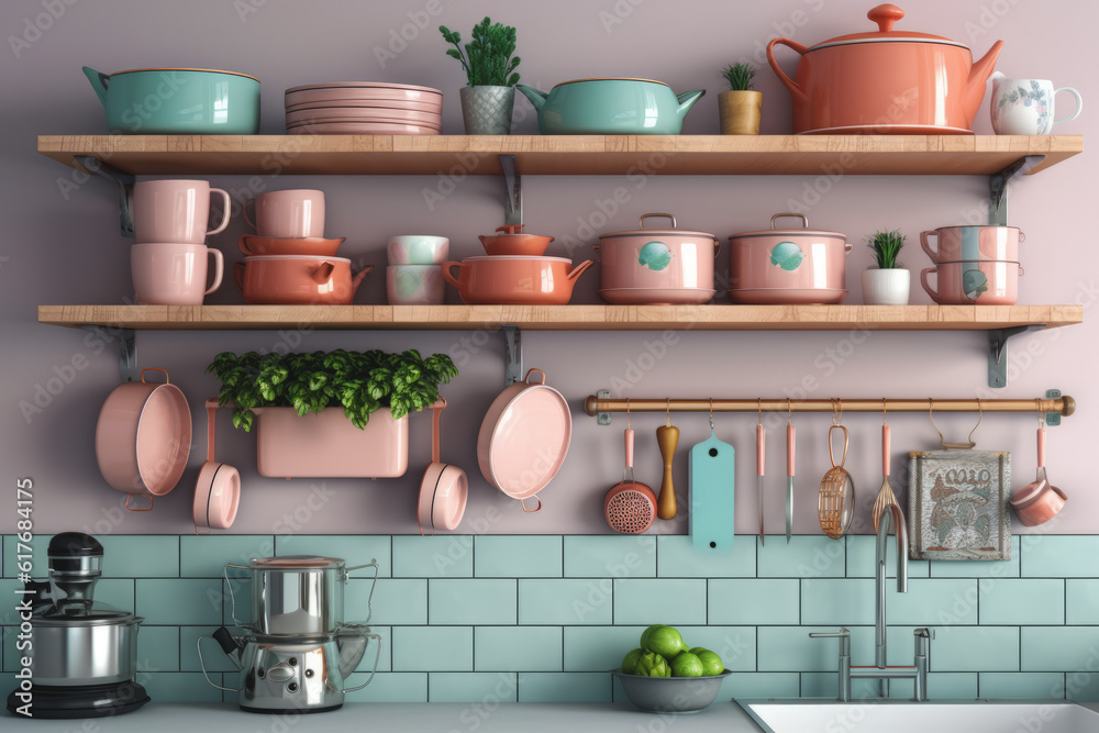 a close-up shot of a kitchen in a sweet and cute color a close-up shot of a kitchen in a sweet and cute color