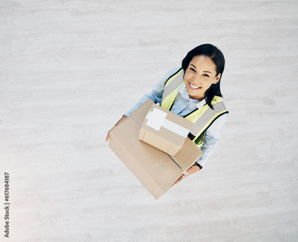 Delivery, boxes and portrait of courier woman from above for logistics, cargo or shipping industry. Happy female worker with cardboard box or package from supply chain for distribution service mockup Delivery, boxes and portrait of courier woman from above for logistics, cargo or shipping industry. Happy female worker with cardboard box or package from supply chain for distribution service mockup
