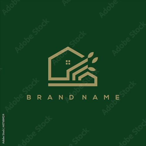 Line art house villa and leaf logo vector