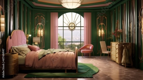 Art deco style bedroom interior with green, pink, and gold color, Generative AI. © Dhiman
