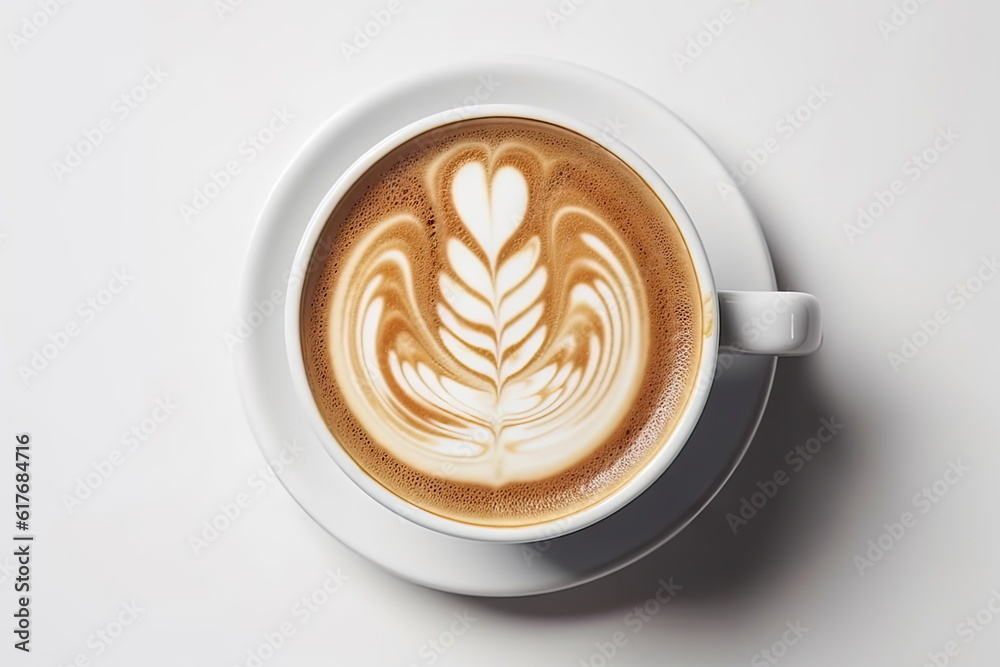 top view latte art coffee on white background top view latte art coffee on white background
