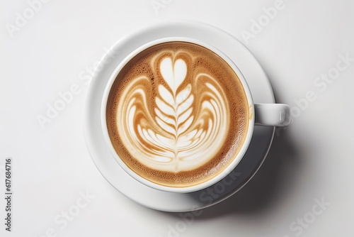 top view latte art coffee on white background