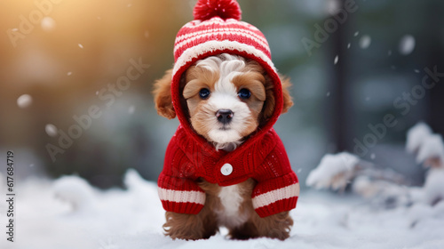 Puppies in Christmas costumes on a festive background. Happy Christmas background. Cute Puppie on a Christmas background in a cute costume. AI Generative.