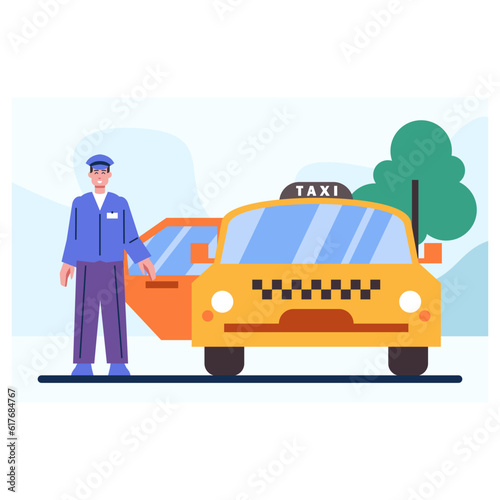 Driver opening door for client. Order taxi concept. Customer service and delivery to address. Travel in city by car. Vector flat illustration in yellow and blue colors