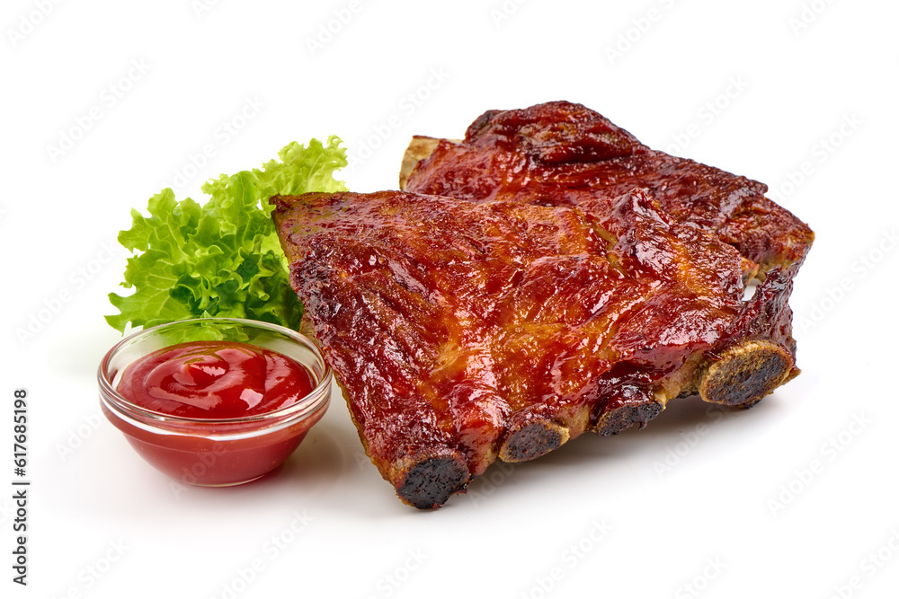 Delicious grilled pork ribs in BBQ sauce with herbs, isolated on white background. Delicious grilled pork ribs in BBQ sauce with herbs, isolated on white background.