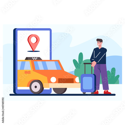 Young male tourist with trolley bag waiting for car outside. Concept of online taxi order via smartphone. Waiting and tracking taxi. Flat vector illustration in blue colors