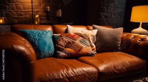 Brown leather sofa with a comfortable pillow, Generative AI.