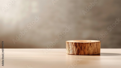simple minimalist wooden platform for product, warm colour tone wide copy space generative ai