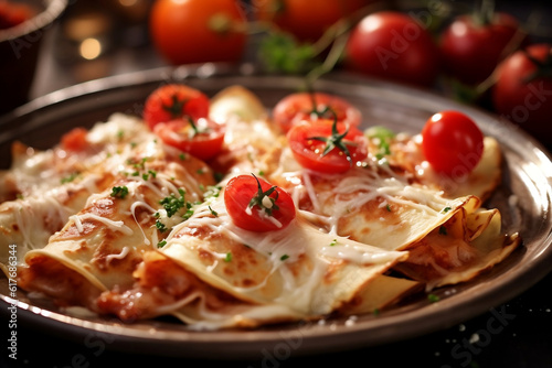 Baked crepes with turkey and tomatoes