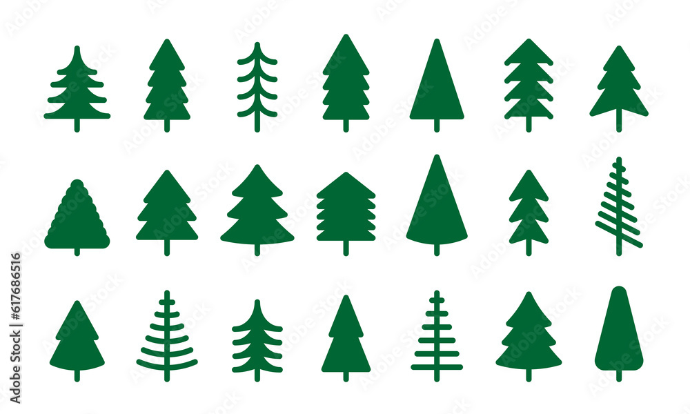 Christmas tree icon set. Vector illustration of pine silhouette 