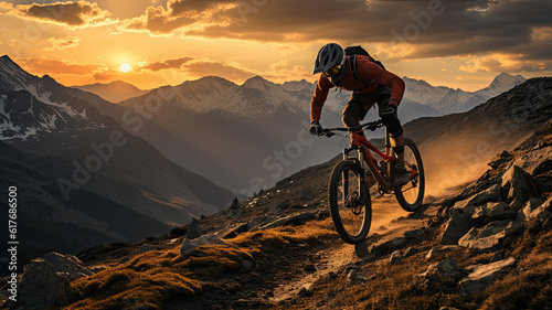 Cycling competition, cyclist athletes riding a race at high speed on mountain, Sportsmen bikes in the morning,ai generative