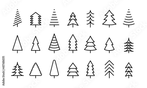 Trendy geometric thin line icon collection of fir or pine tree. Simple pictograms vector for christmas and new year