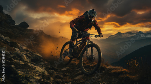 Cycling competition, cyclist athletes riding a race at high speed on mountain, Sportsmen bikes in the morning,ai generative © JKLoma