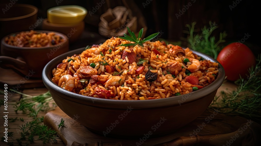Fried Rice on bowl full of prawns and sausages with blurred background