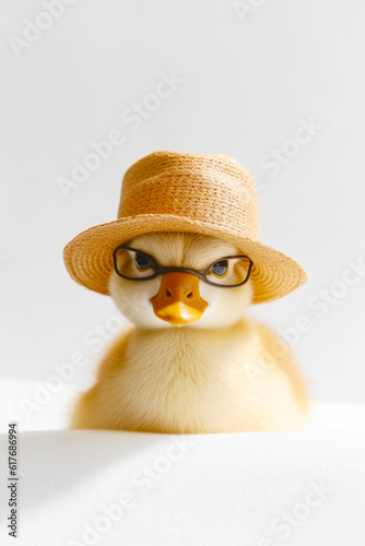 Duck wearing hat and glasses with straw hat on it's head. Generative AI.