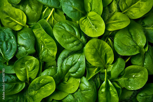 Close up of bunch of green leaves with drops of water on them. Generative AI.