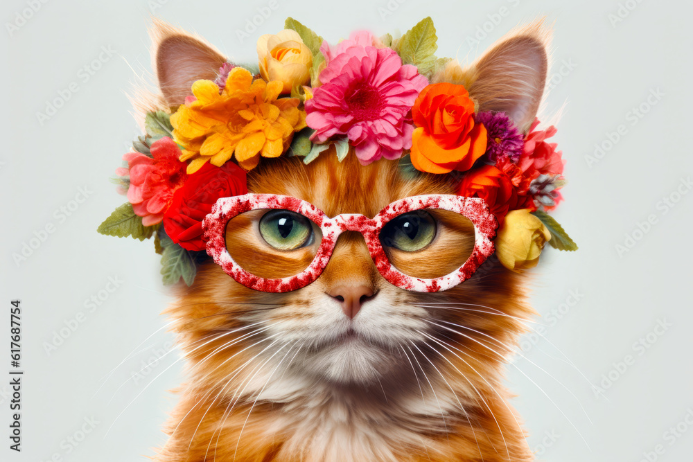 Close up of cat wearing glasses with flowers on it's head. Generative AI.