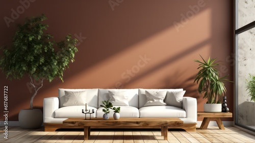 Modern interior design of living room with white sofa, coffee table, soft stucco wall. Created with generative AI.