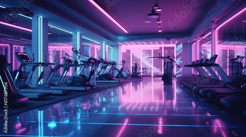 Gym fitness club illuminated by neon lights  Generative AI.