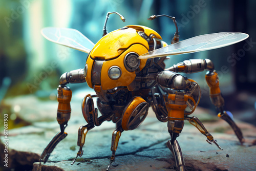 Yellow and black robot with two legs and face on it's body. Generative AI. © valentyn640