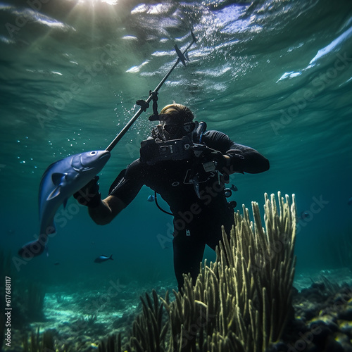 underwater hunter with underwater gun and caught fish.. photo