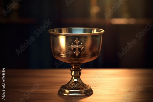Eucharist Feast of Corpus Christi. Jesus Christ in the monstrance present in the Sacrament of the Eucharist. holy grail, bronze and gold cup with christian and religious cross. Jesus Christ.