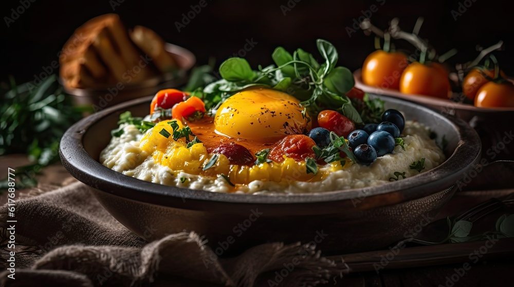 Close up grifts food with fruit toppings in ceramic bowl with blurred background