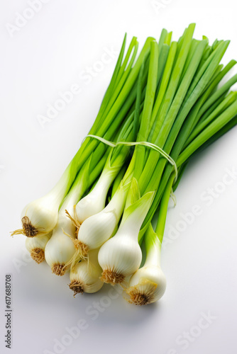 Bunch of green onions sitting on top of white table next to bunch of green onions. Generative AI.