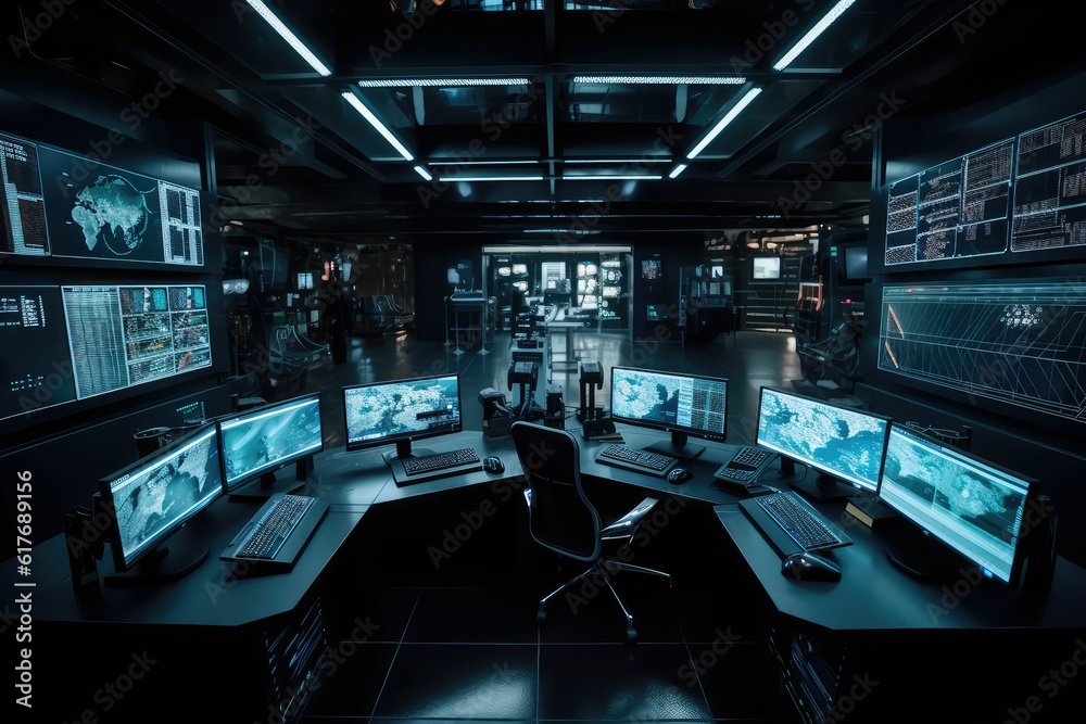 Monitors and empty desk in control room Monitors and empty desk in control room