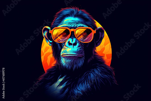 The logo is a monkey character, a chimpanzee in sunglasses. Generative AI illustration on a black isolated background.