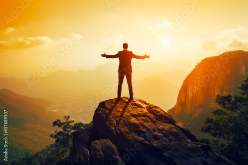Man standing on top of large rock with his arms wide open. Generative AI.