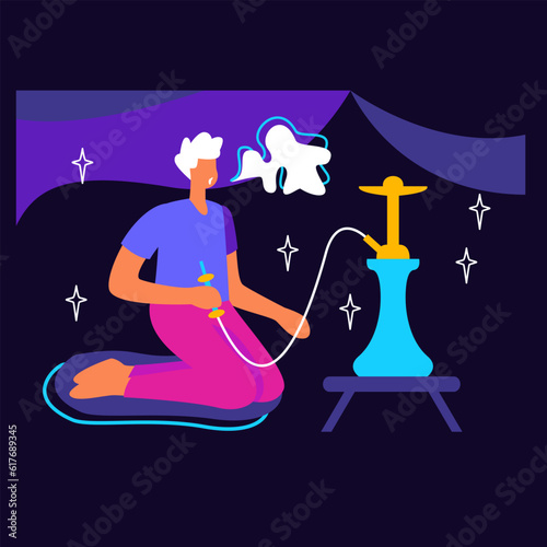 Young male sitting in club, smoking hookah pipes. Men sitting on floor in lounge club. Relax and time in bar at night. Flat vector illustration in purple and pink colors