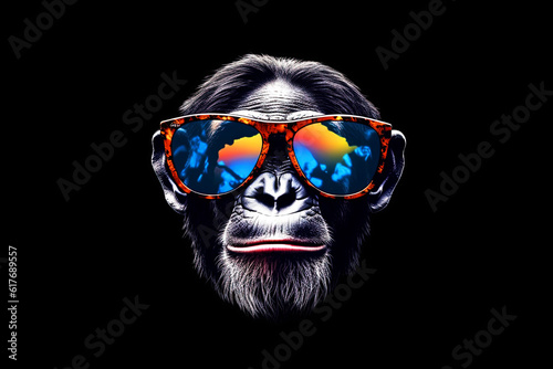 The logo is a monkey character  a chimpanzee in sunglasses. Generative AI illustration on a black isolated background.