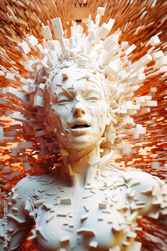 Sculpture of woman with many pieces of paper all over her face. Generative AI.