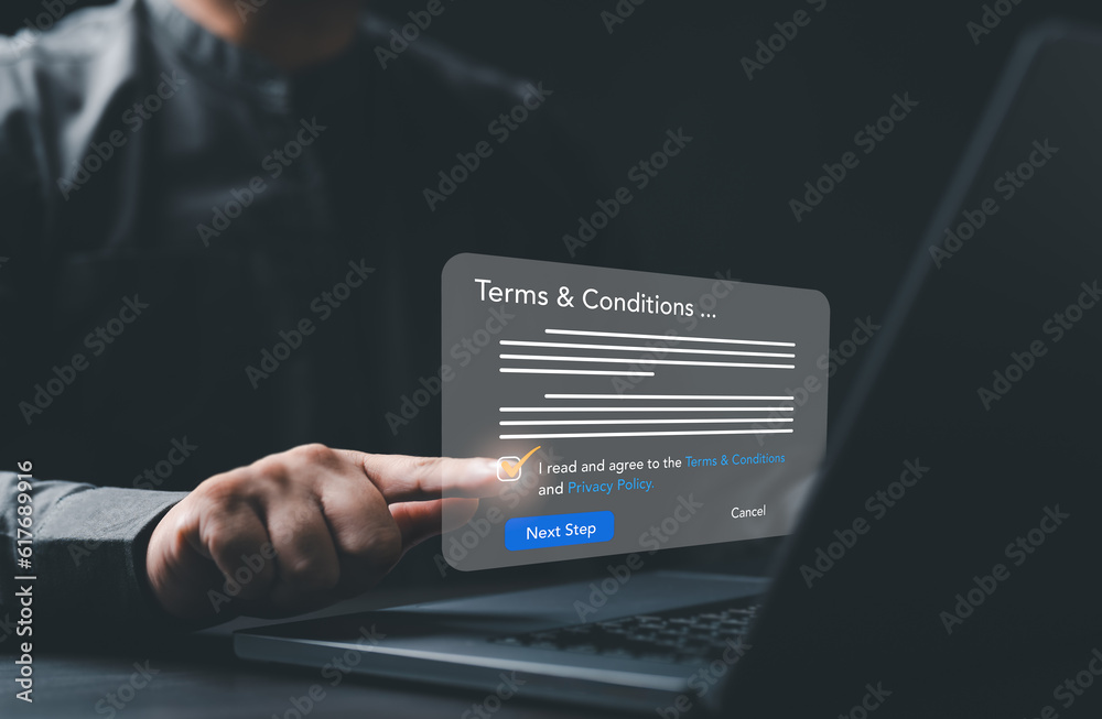 © RerF - Businessman tick check mark for accept Terms of use concept. Reading terms and conditions of website or application then click button to go Next Step progress. Agree to contract term and condition. © RerF - Businessman tick check mark for accept Terms of use concept. Reading terms and conditions of website or application then click button to go Next Step progress. Agree to contract term and condition.