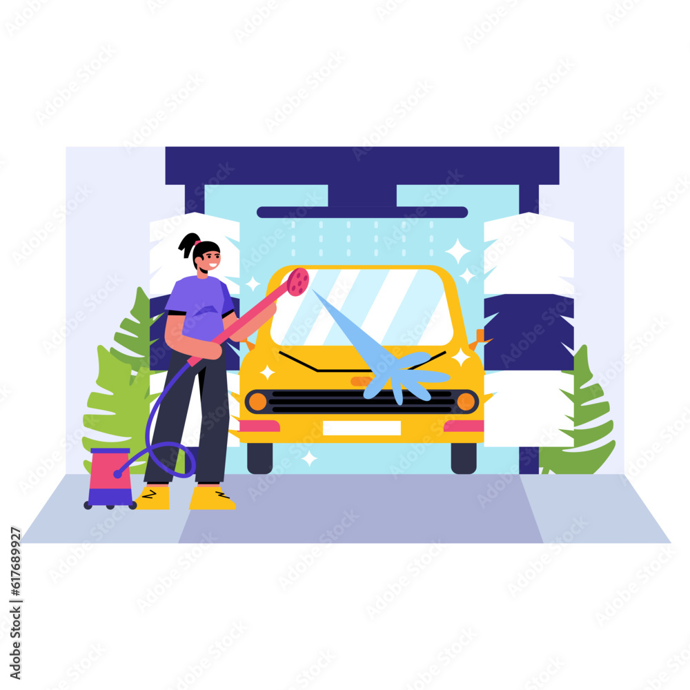Young female in automobile wash center washing yellow car. Selfservice