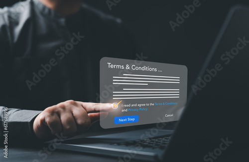 Businessman tick check mark for accept Terms of use concept. Reading terms and conditions of website or application then click button to go Next Step progress. Agree to contract term and condition.