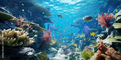 AI Generated. AI Generative. Underwater scuba dining scene background. Shell  starfish  coral  fish surface. Adventure vacation explore vibe. Graphic Art