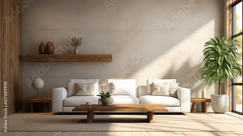 Modern interior design of living room with white sofa  coffee table  soft stucco wall. Created with generative AI.