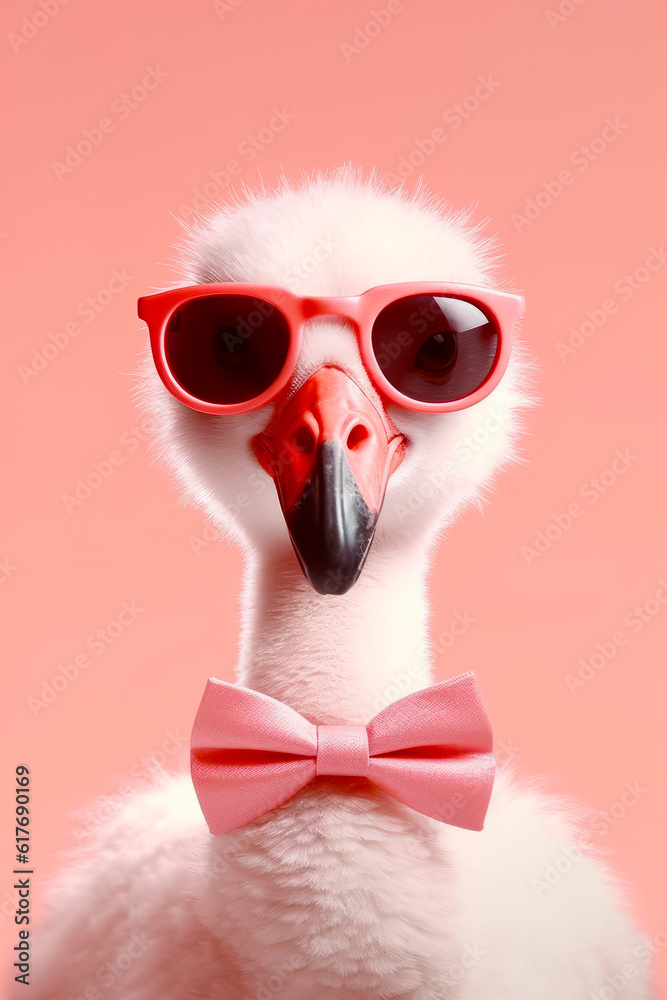 Close up of duck wearing sunglasses and bow tie with pink background. Generative AI.