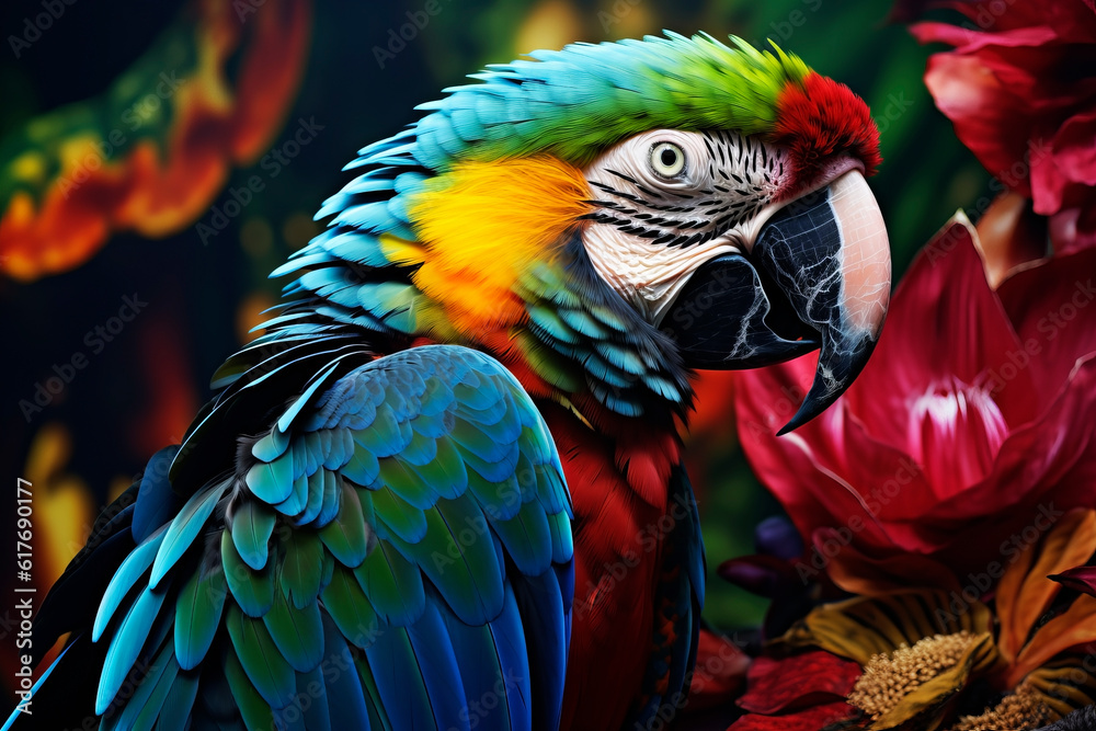 Obraz premium Macaw parrot in bright colors. Generative AI