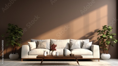 Modern interior design of living room with white sofa, coffee table, soft stucco wall. Created with generative AI.