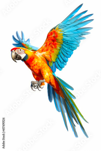 Colorful parrot flying in the air with its wings spread out and it's wings spread. Generative AI. © valentyn640