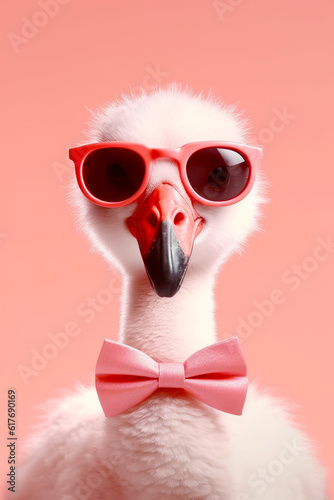 Close up of duck wearing sunglasses and bow tie with pink background. Generative AI. © valentyn640